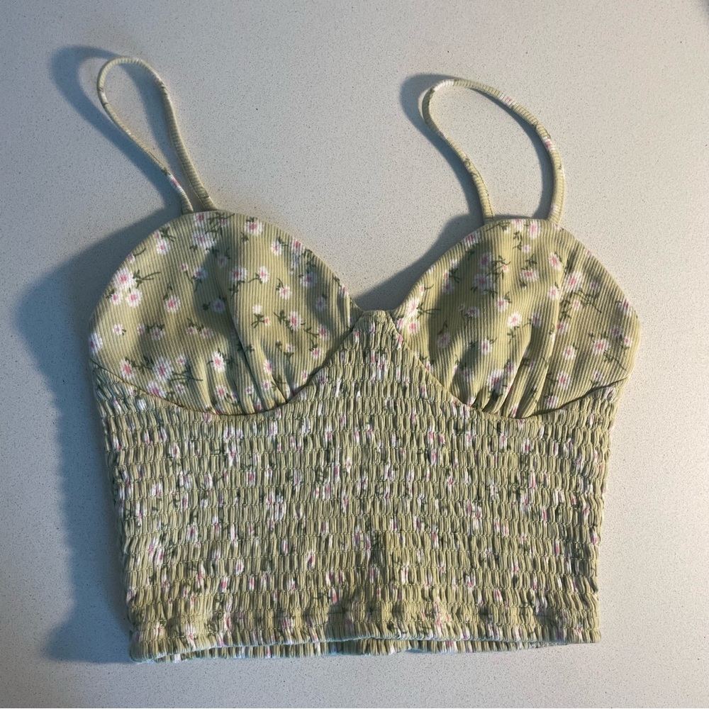 Forever 21 Olive Green Floral Smocked Crop Cami, small